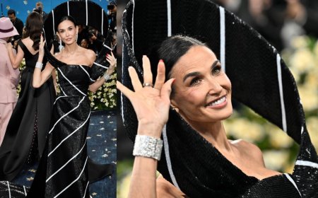 Met Gala 2025 में डेमी मूर की विशाल नेक टाई ड्रेस ने मचाई धूम